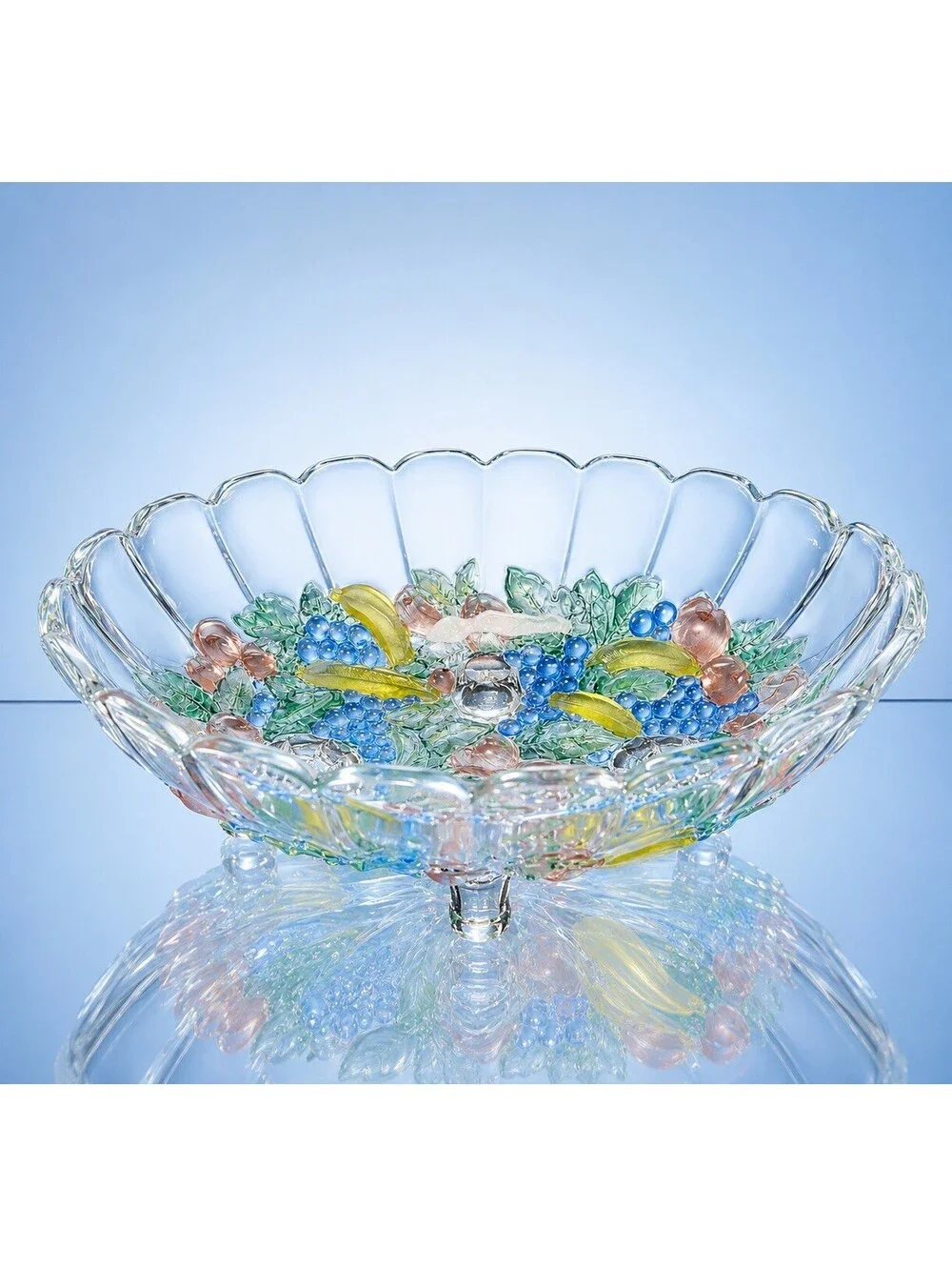 Indiana Glass 1960s Garland Flashed Fruit Oval Three-Footed Bowl, 12x8.5x4.5”
